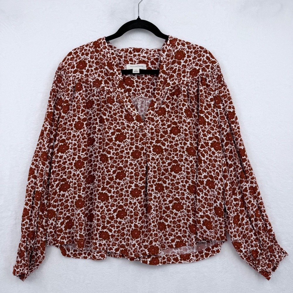 Treasure & Bond M Rust Orange Floral V-Neck Boho Blouse Cottagecore Peasant Top